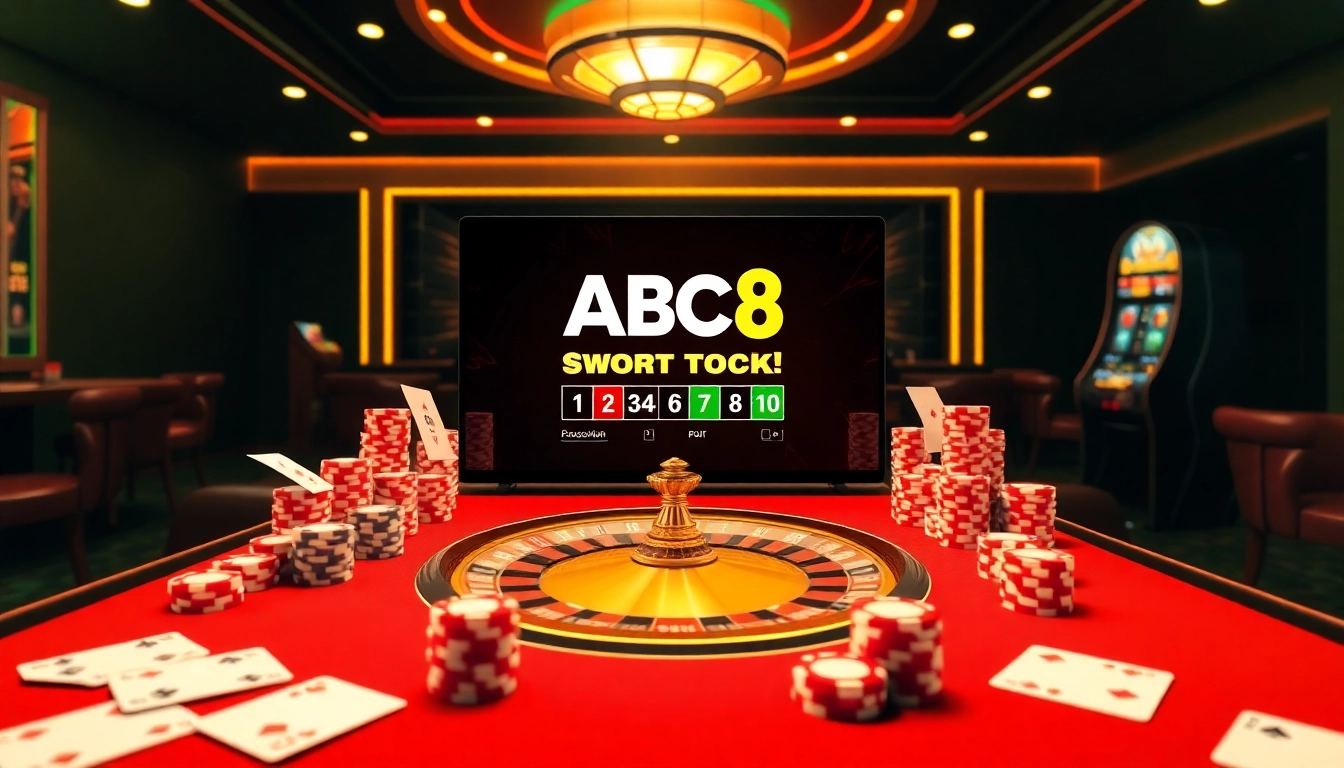 Experience Giới Thiệu ABC8 with vibrant online gambling visuals showcasing roulette and poker.