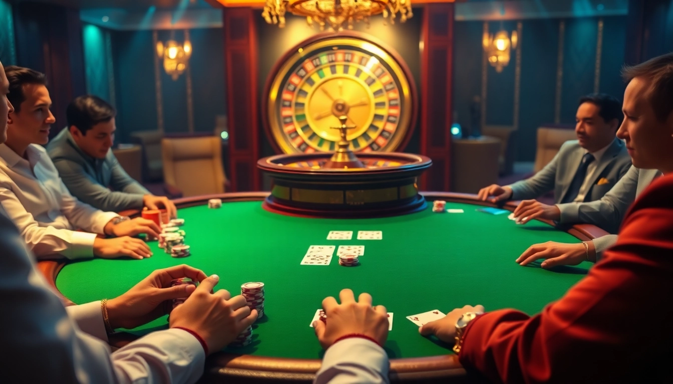 High-stakes poker action with da88 chips in a luxurious casino environment, exuding excitement and strategy.