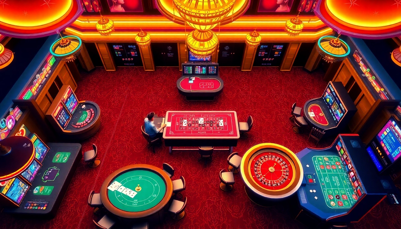 Dynamic casino scene featuring Nhà cái Kuwin's vibrant gaming tables and slot machines, capturing excitement and professionalism.