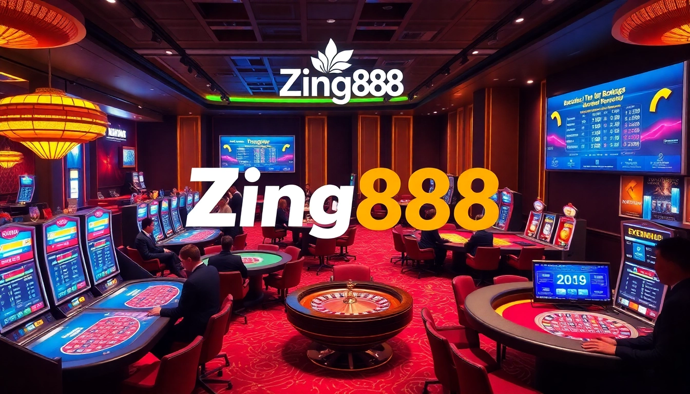 Zing88 interactive casino scene with dynamic players and luxurious game tables.