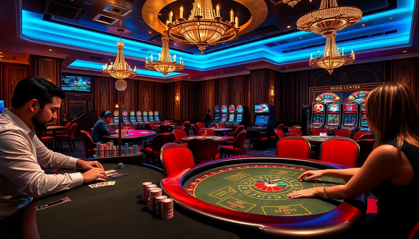 Experience the thrill of gambling at qh88 with vibrant casino tables, poker chips, and roulette wheel.