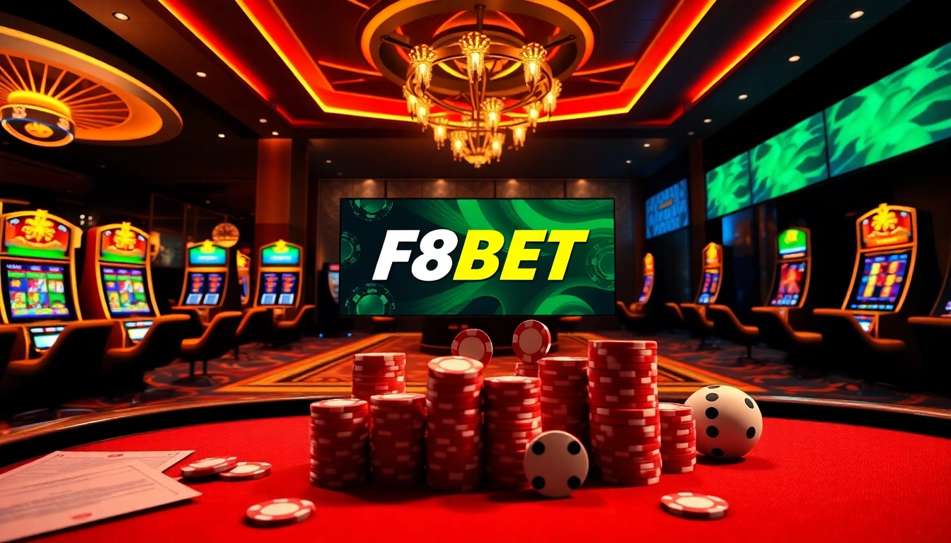 Experience the thrill of F8BET with vibrant casino visuals featuring games, chips, and tables.