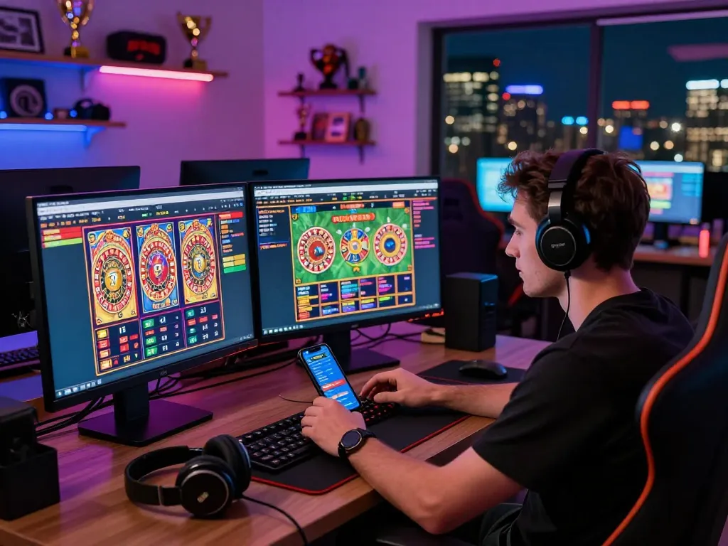 Engaging gambling scene at https://may88.bio/ with vibrant sports betting platforms, live streams, and colorful graphics.