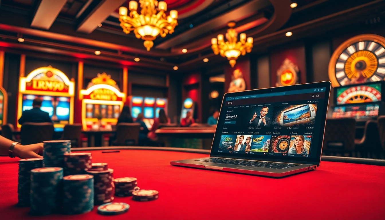 Engaging online gaming at https://rr99.uk.com/ with poker chips, slot machines, and a roulette wheel.