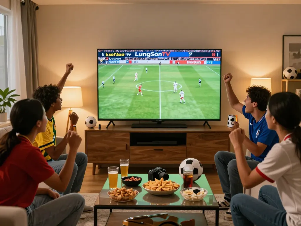 Excited fans enjoying live football on LuongSonTV in a cozy setting.