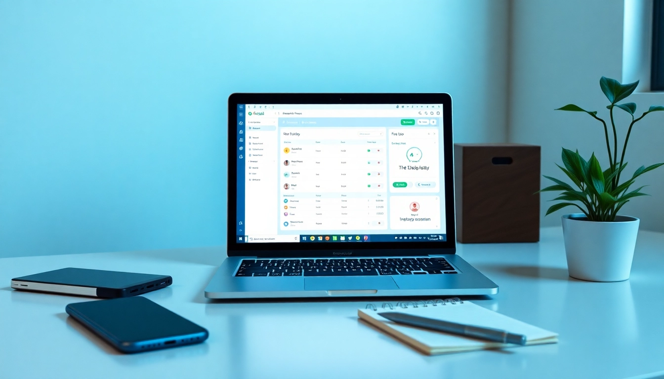 在现代工作空间的笔记本电脑上显示的快连官网界面，展示网络解决方案。