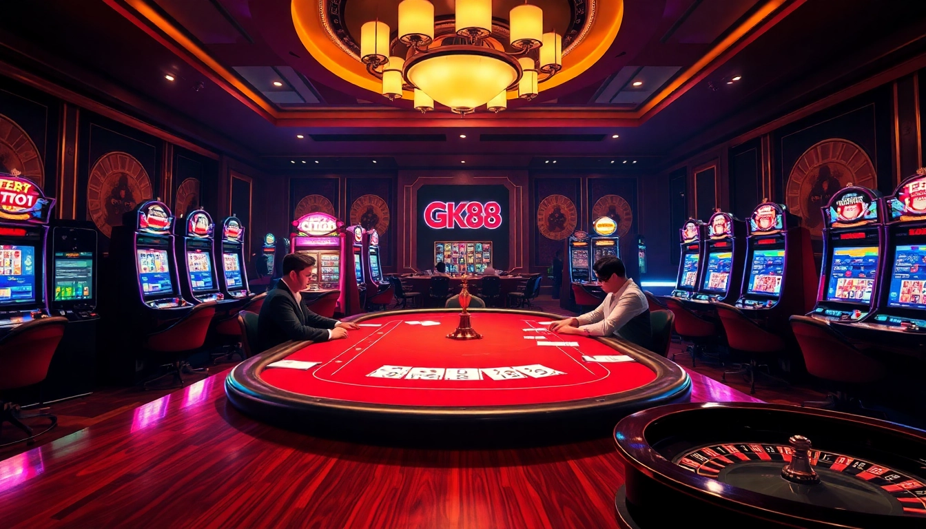 Engaging scene at nhà cái gk88 featuring poker tables and vibrant slot machines.