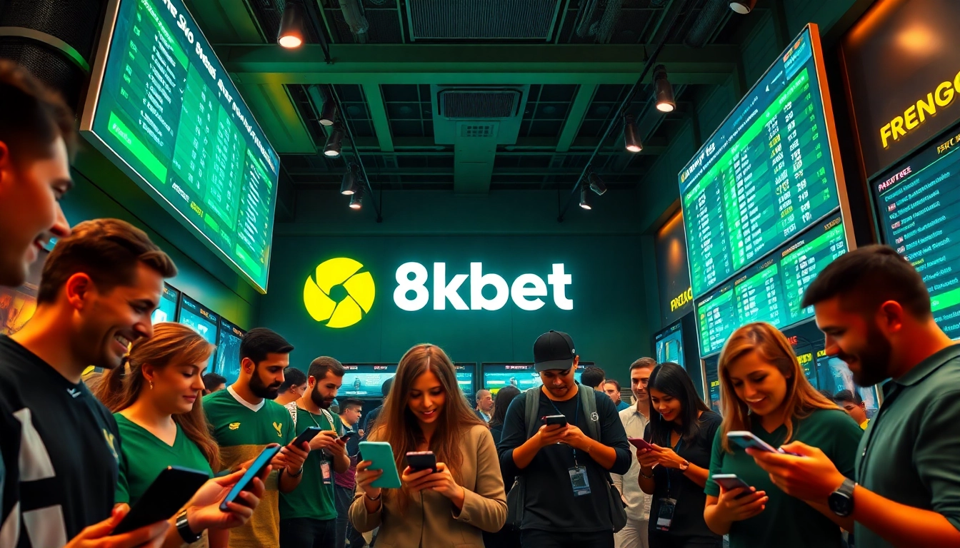 Exciting scene showcasing vibrant users engaged with 8kbet online betting platform, illuminated with ambient lighting.