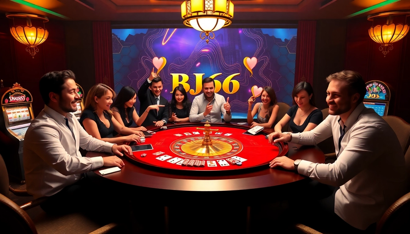 Experience high-stakes gaming action at BJ66's luxurious poker table, featuring cards, chips, and roulette wheels.