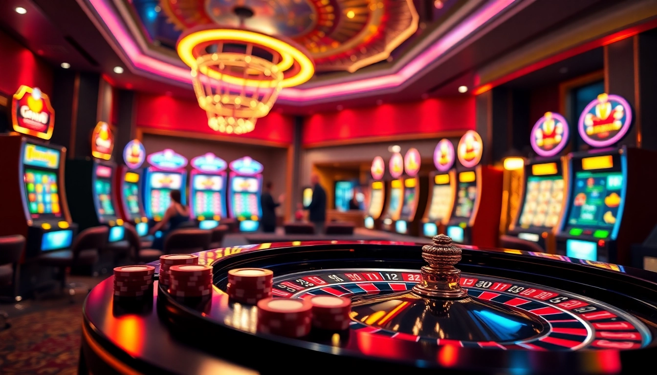 Enthusiastic gamblers experiencing the thrill of https://goal123.work/ with roulette, poker chips, and vibrant slot machines.