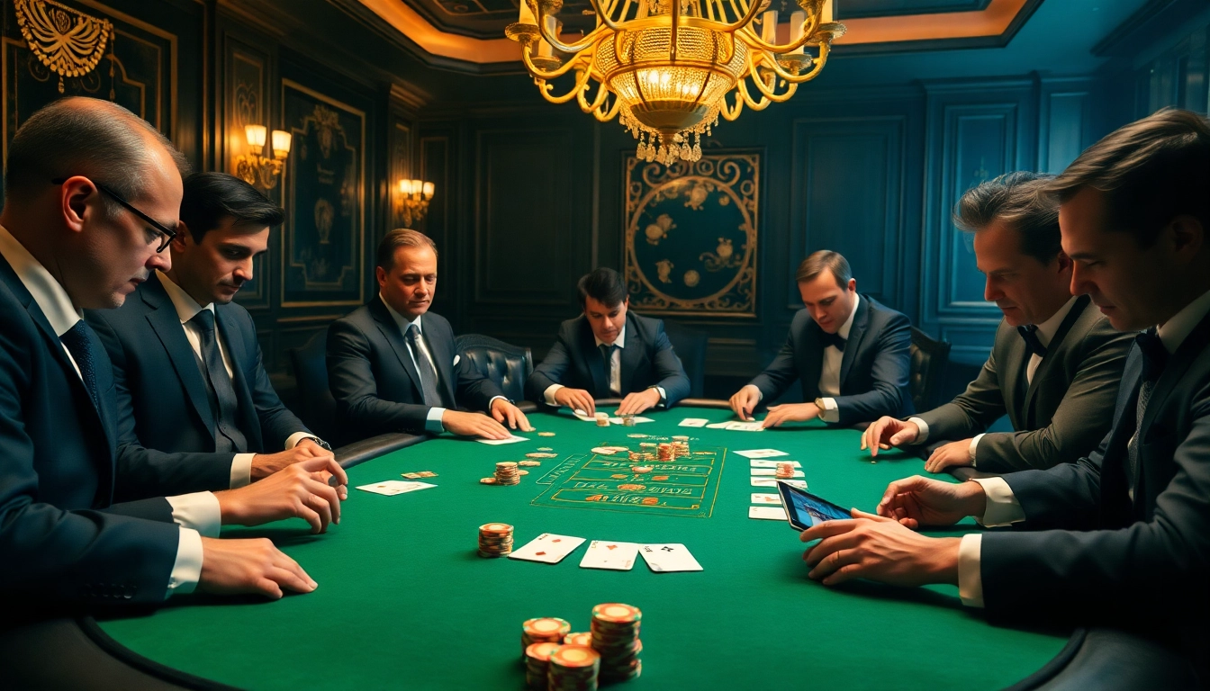Plagiat scannen while placing bets at a luxurious poker table with focused players and elegant decor.