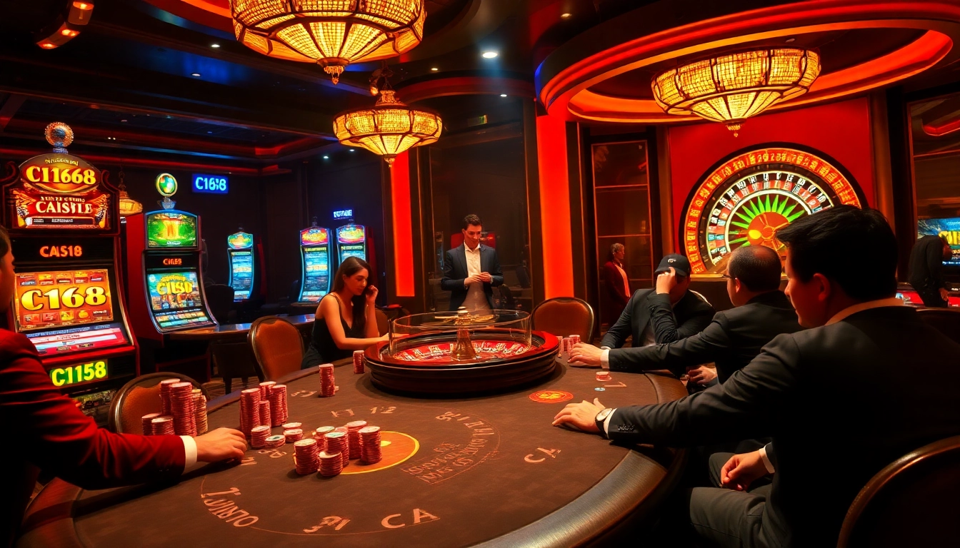 Excited players engaging at the C168 casino with vibrant games and luxury ambiance.