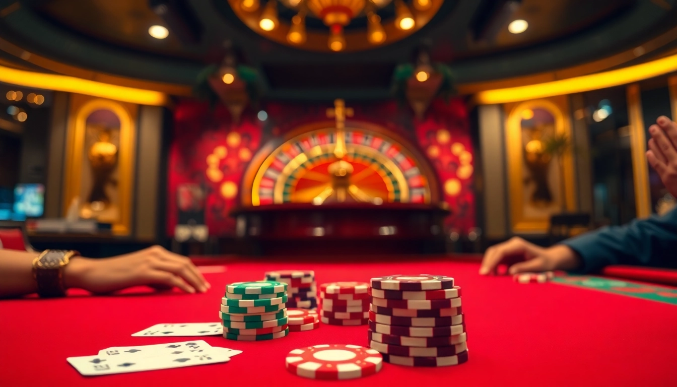 Engage in thrilling gameplay with nhà cái win78 at a luxurious casino table adorned with vibrant chips and cards.