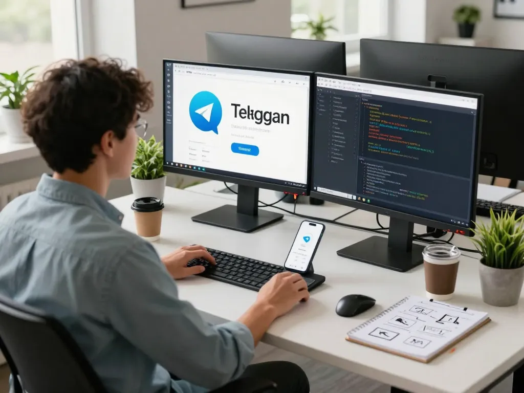 展示开发者在现代办公环境中工作的无缝Telegram下载体验。