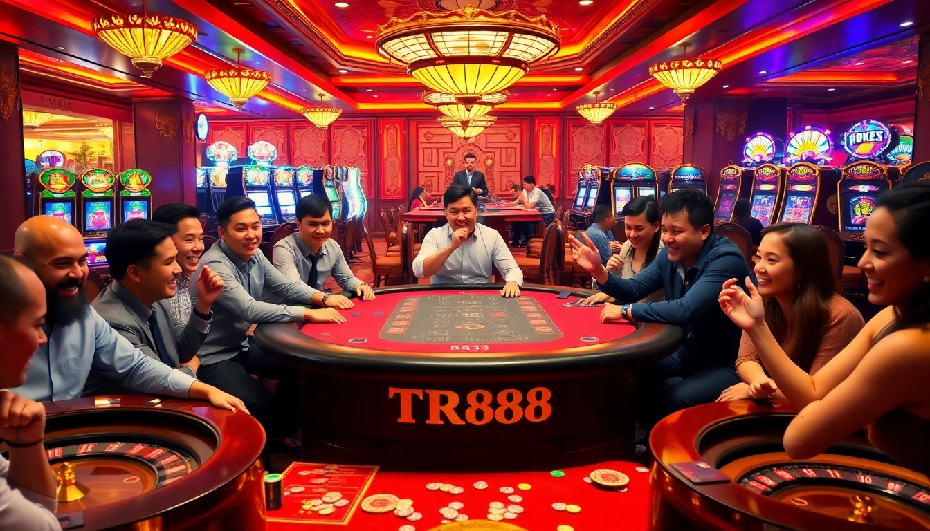 Players enjoying the excitement of TR88 casino games with vibrant tables and lively atmosphere.