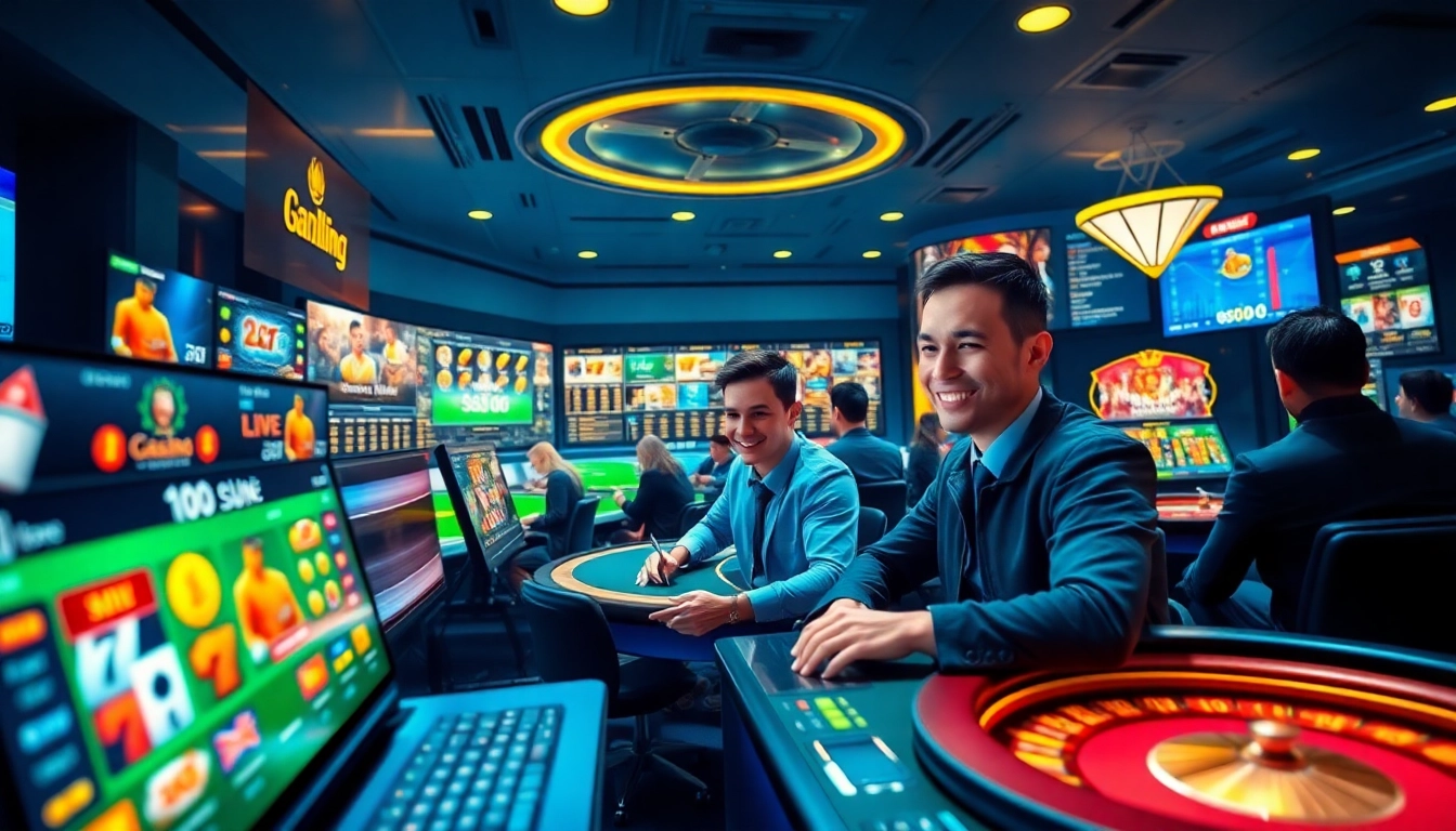 A dynamic visual of online gambling at https://goal123.work/, showcasing engaging games, players, and vibrant digital interfaces.