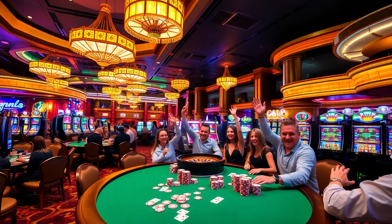 A dynamic scene from 98WIN online casino showcasing players at tables and slot machines, celebrating their wins.
