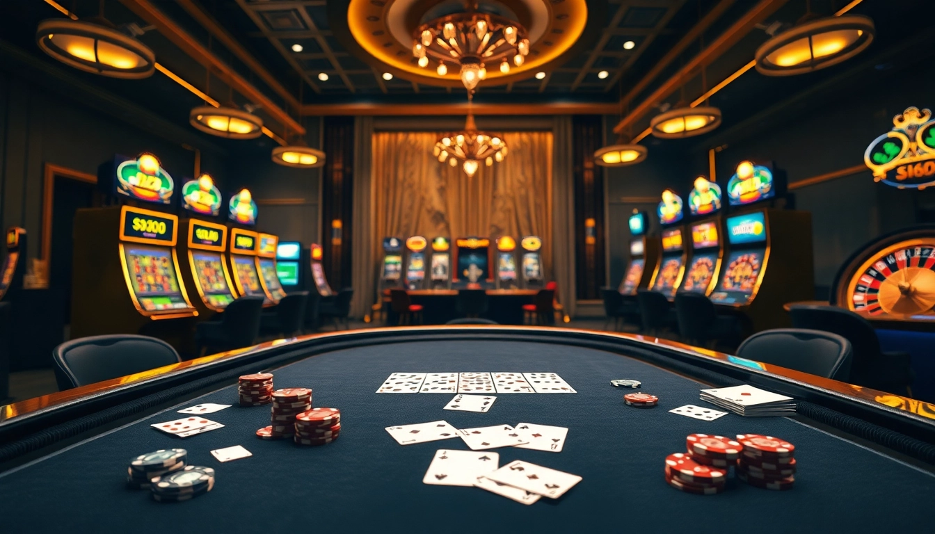 Experience thrilling gambling at Sv66 with vibrant slot machines and poker tables in a luxurious casino.