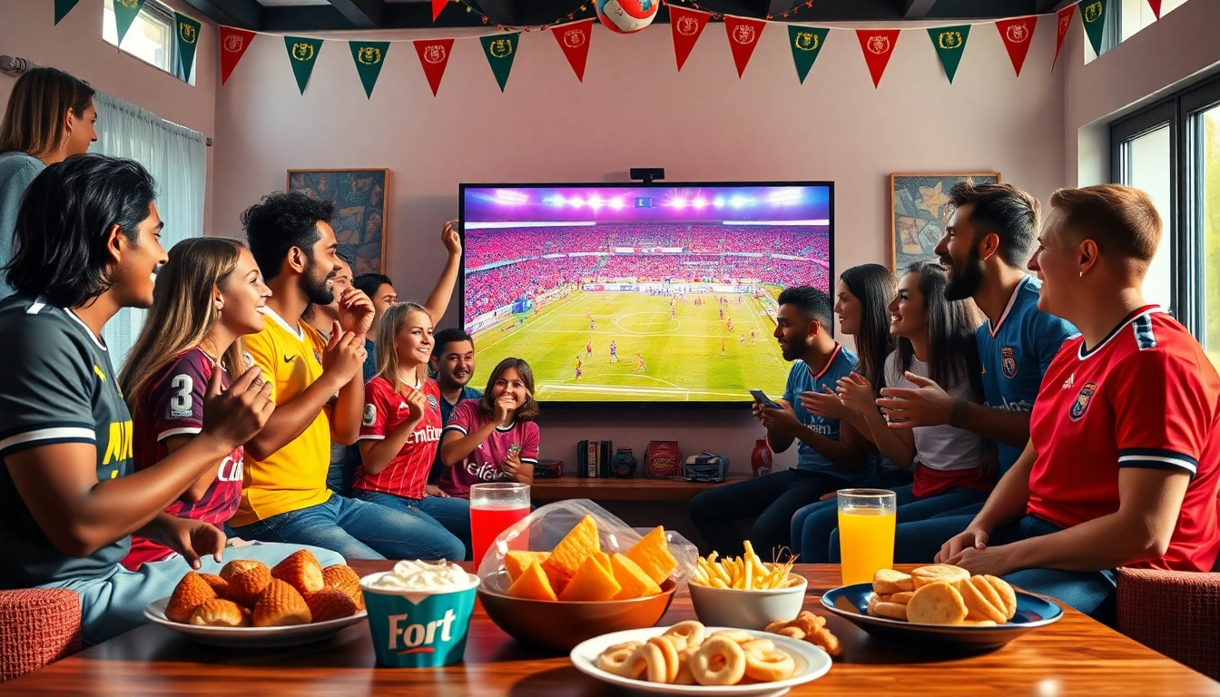 Excited fans enjoying live football from https://socolive.network/ at a vibrant viewing party.