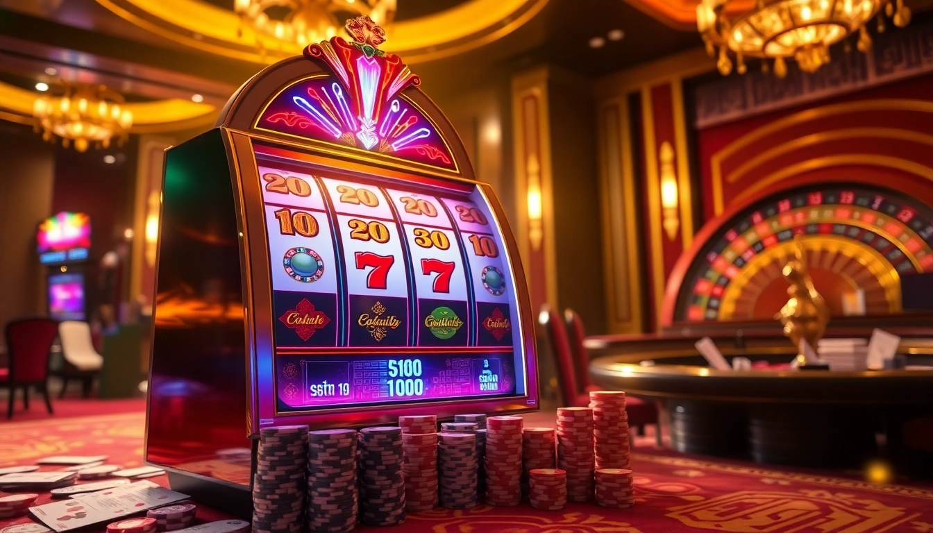 Players enjoying a thrilling moment at a nổ hũ slot machine in an elegant casino setting.