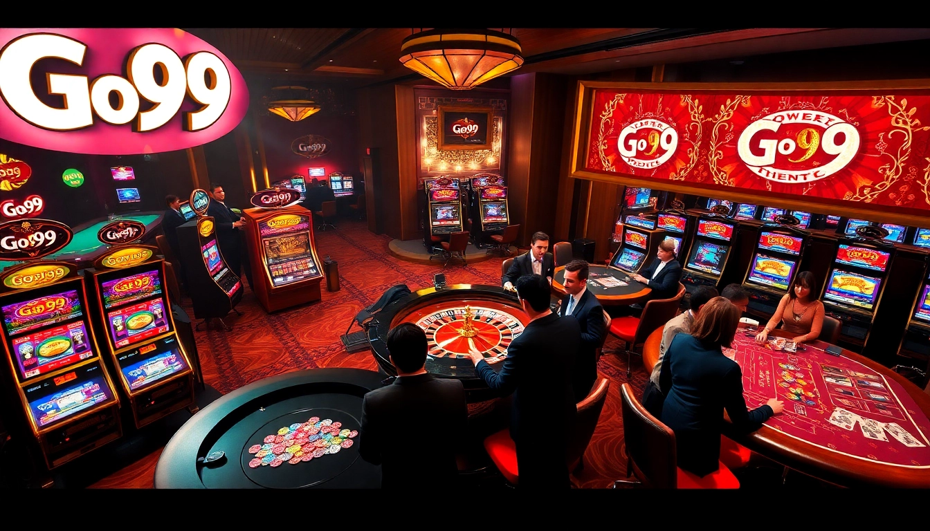 Players engaging in exciting gameplay at Go99’s vibrant casino with slot machines and poker tables.