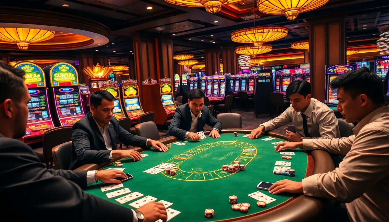 S8king.com offers an exciting gambling scene with poker players and vibrant casino tables.