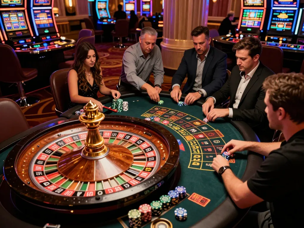 TT88 roulette players experiencing the thrill of a high-stakes game in a Vegas casino.