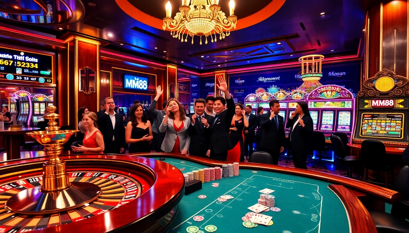 Players gambling at the MM88 casino table surrounded by vibrant slot machines.
