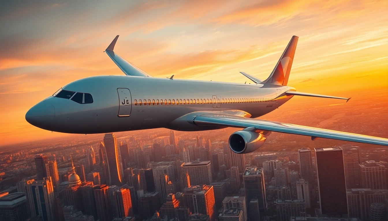 Airbus fliegt über eine Stadtlandschaft beim Sonnenuntergang und zeigt sein elegantes Design.