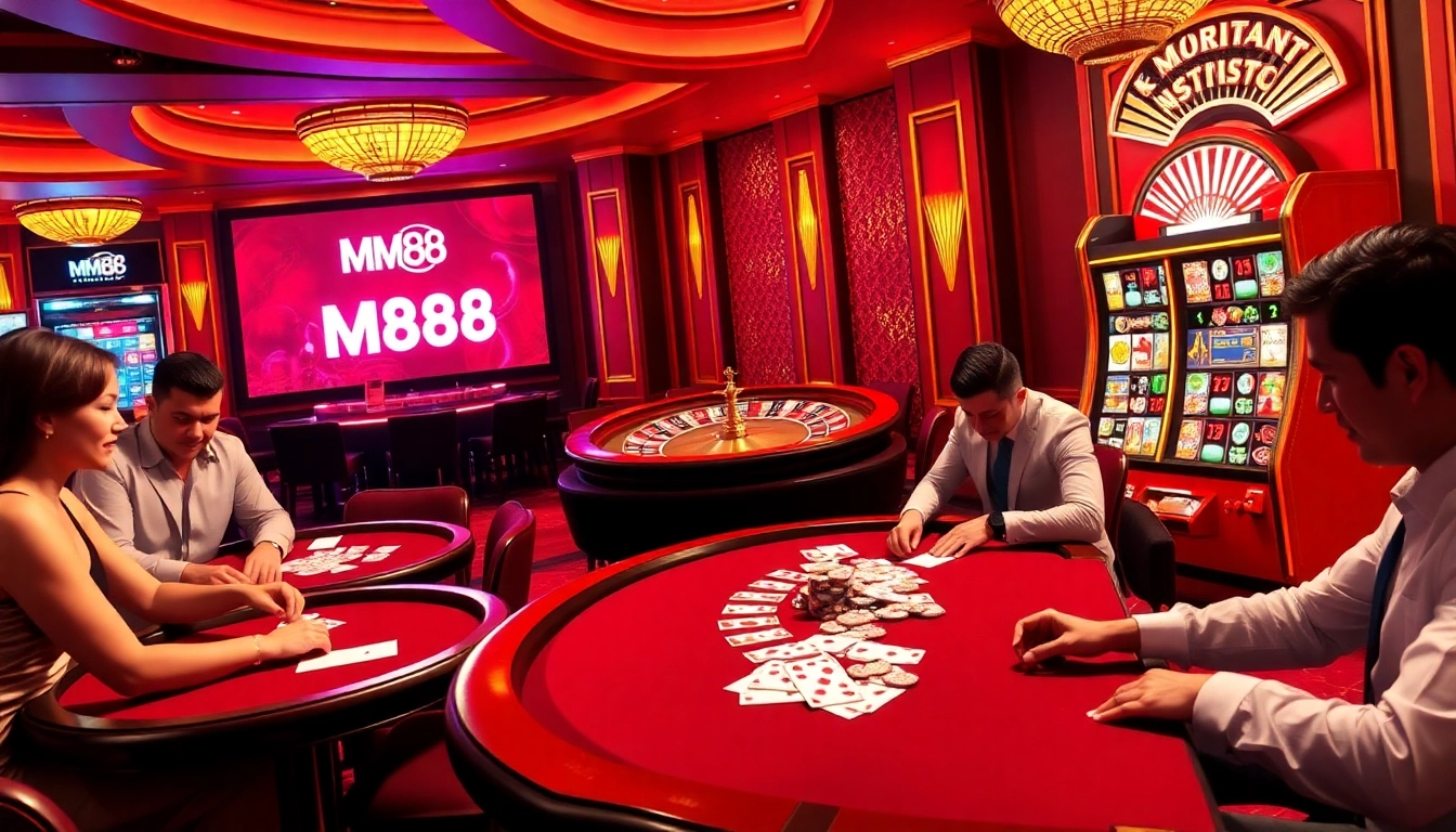 Excited players at MM88 casino tables enjoying card games and slot machines under vibrant lights.