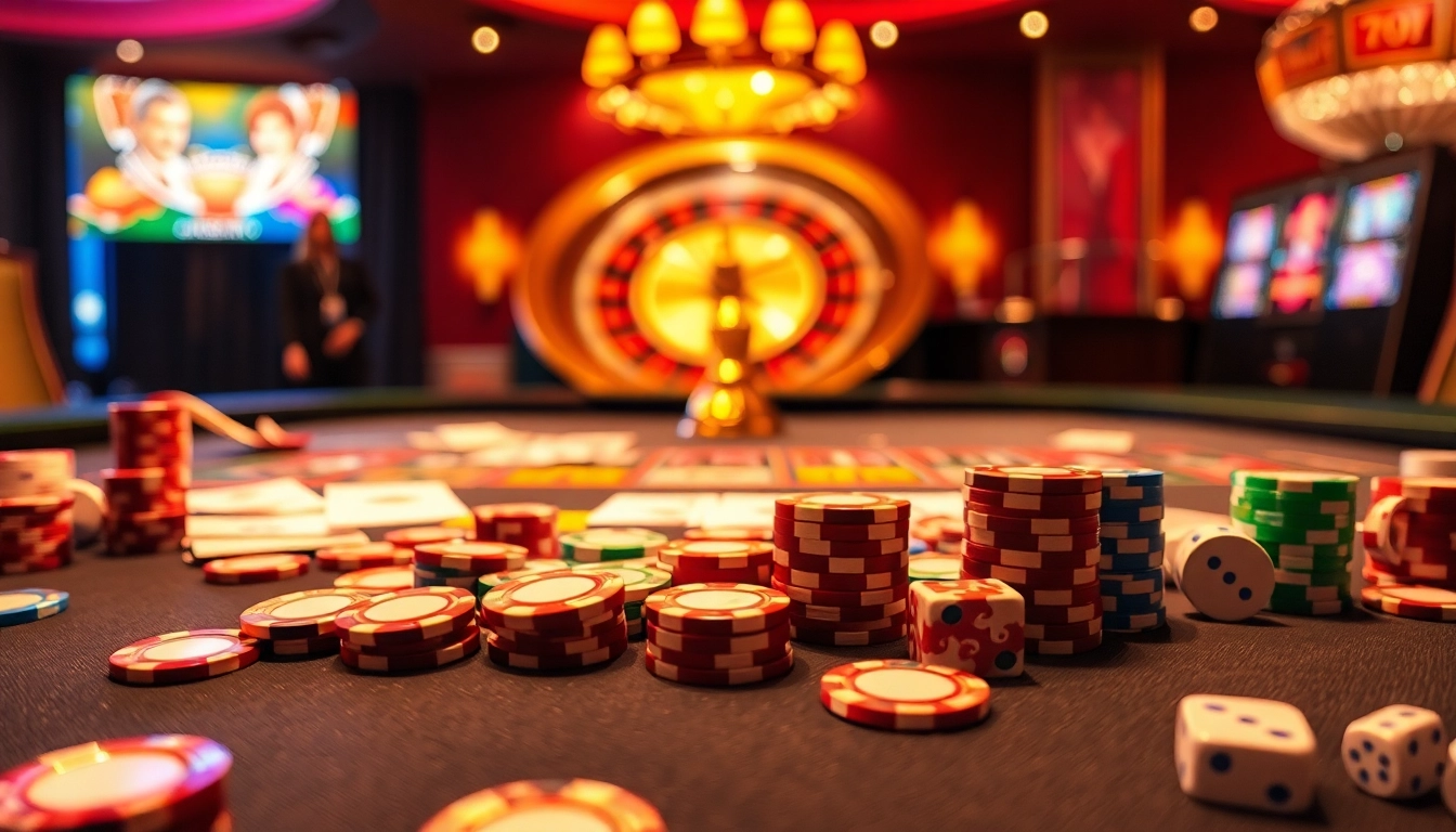 Thrilling gameplay at 13win casino with vibrant casino table, cards, and roulette wheel.