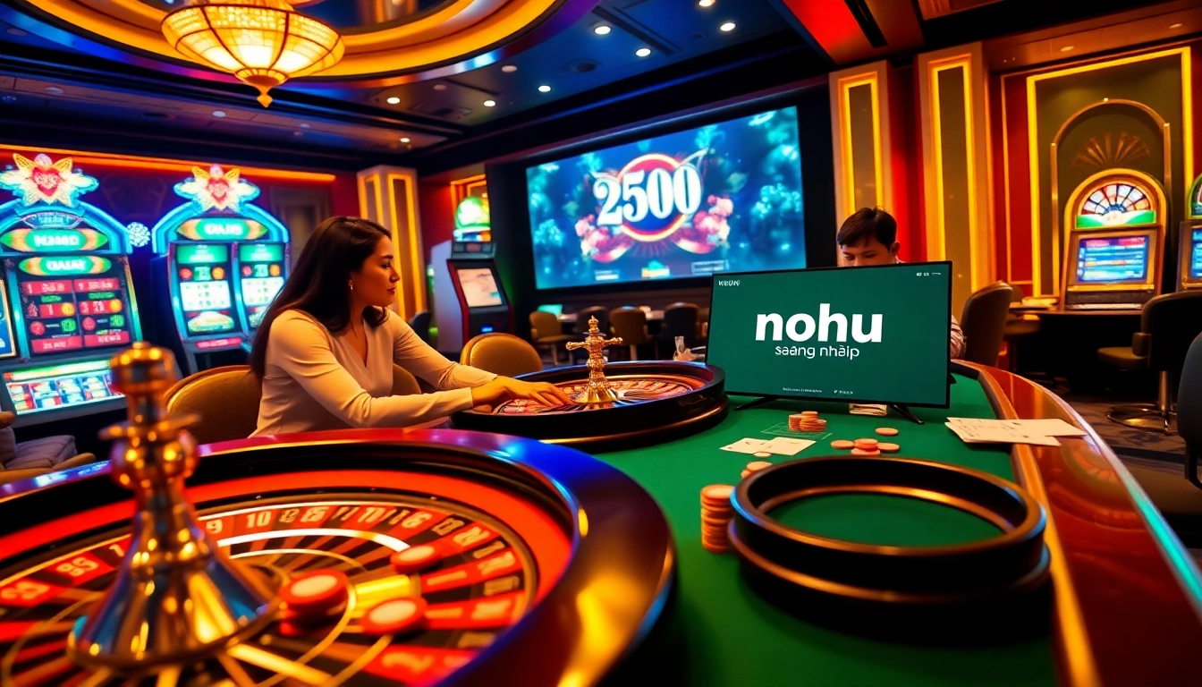 Nohu đăng nhập interface visualizing online gambling with poker tables, chips, and a roulette wheel.