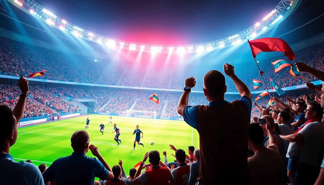 Live soccer match scene with fans cheering at https://okwintv.zone/, showcasing vibrant colors and dynamic action.