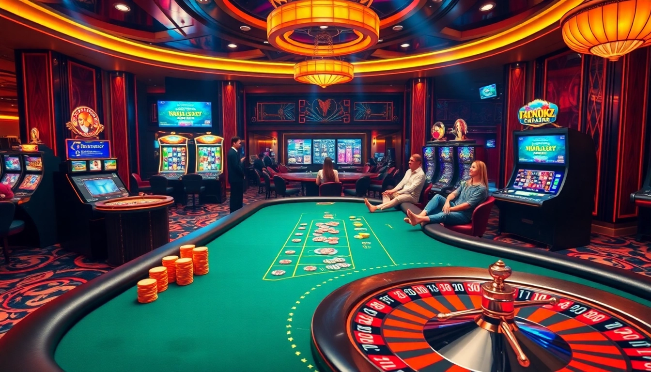 Exciting KM88VIP casino scene with poker tables, slot machines, and roulette wheel.