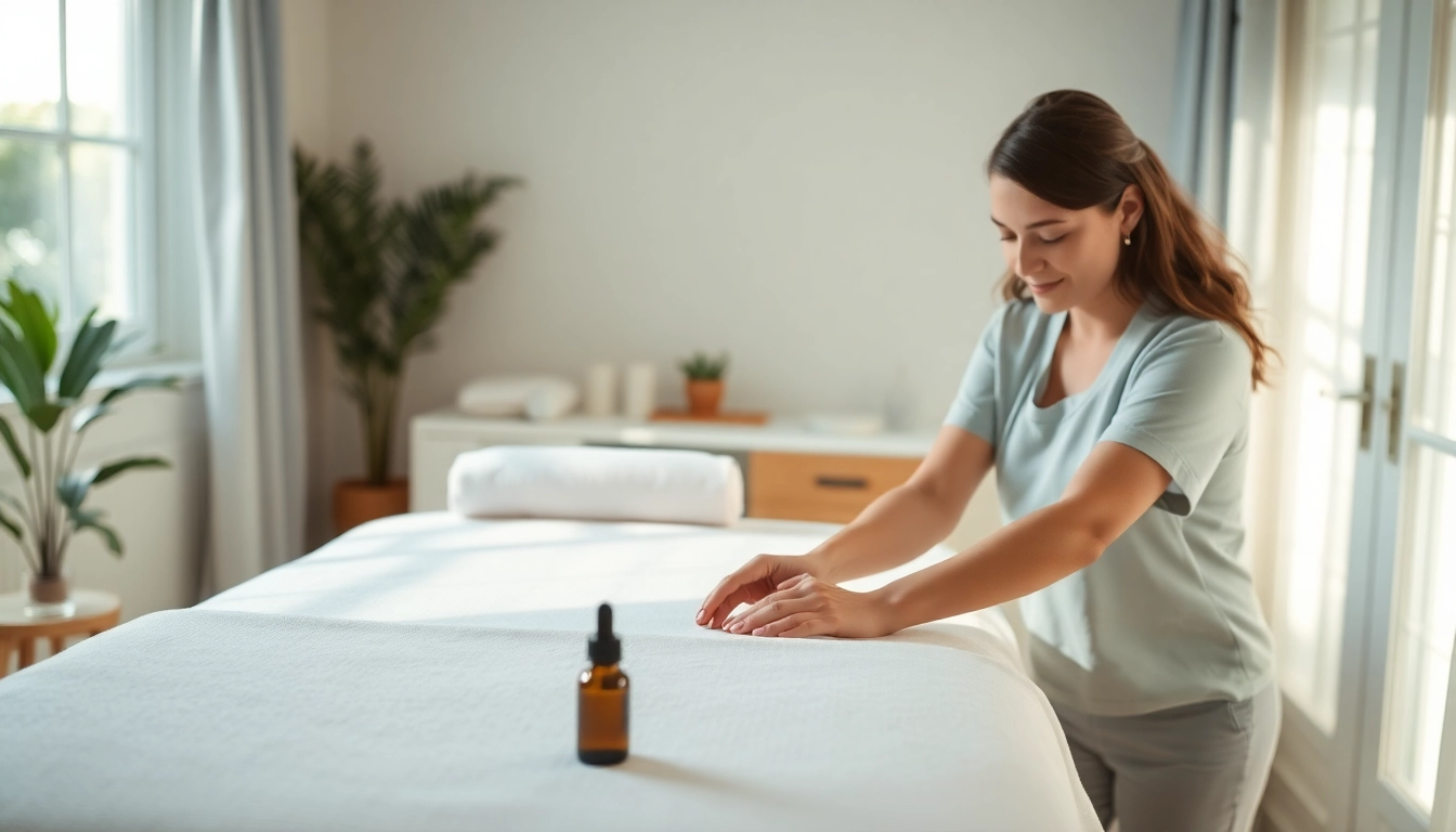 평온한 가정 환경에서 오산출장마사지 세팅의 편안한 장면과 전문 마사지 치료사를 담은 이미지.