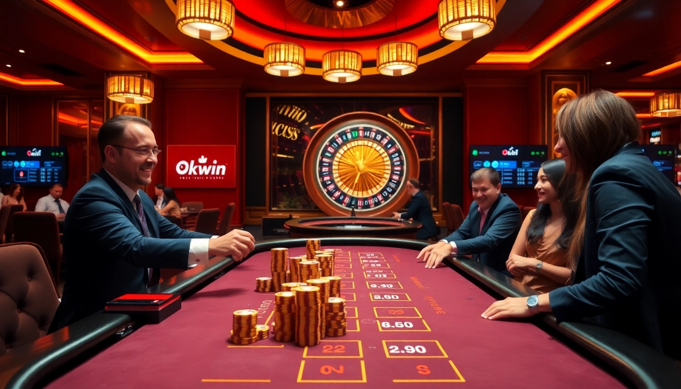 Exciting casino scene at okwin with vibrant gaming tables and engaged players enjoying their experience.