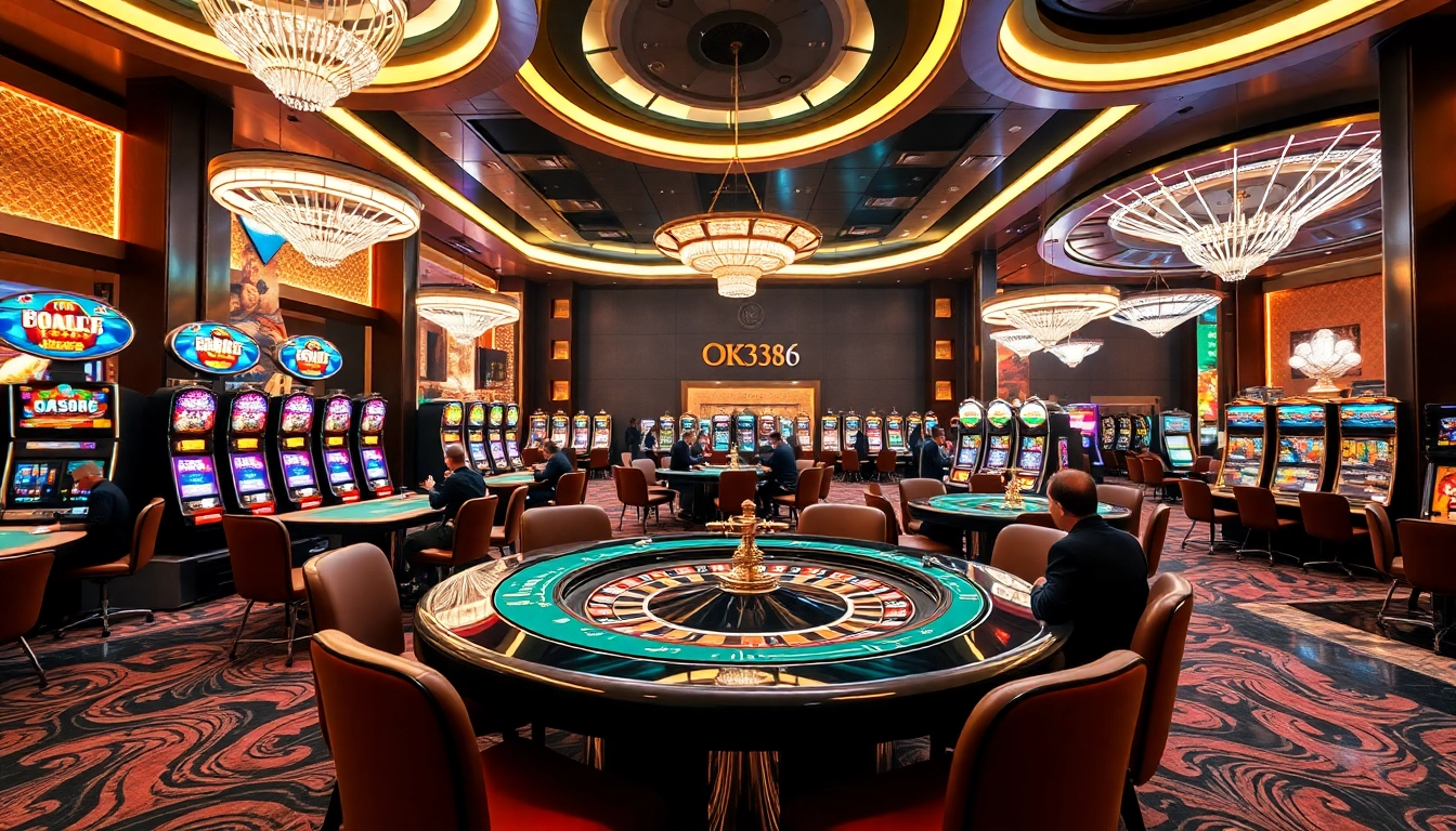 Experience the thrill of OK8386 in a modern casino featuring poker tables and vibrant slot machines.