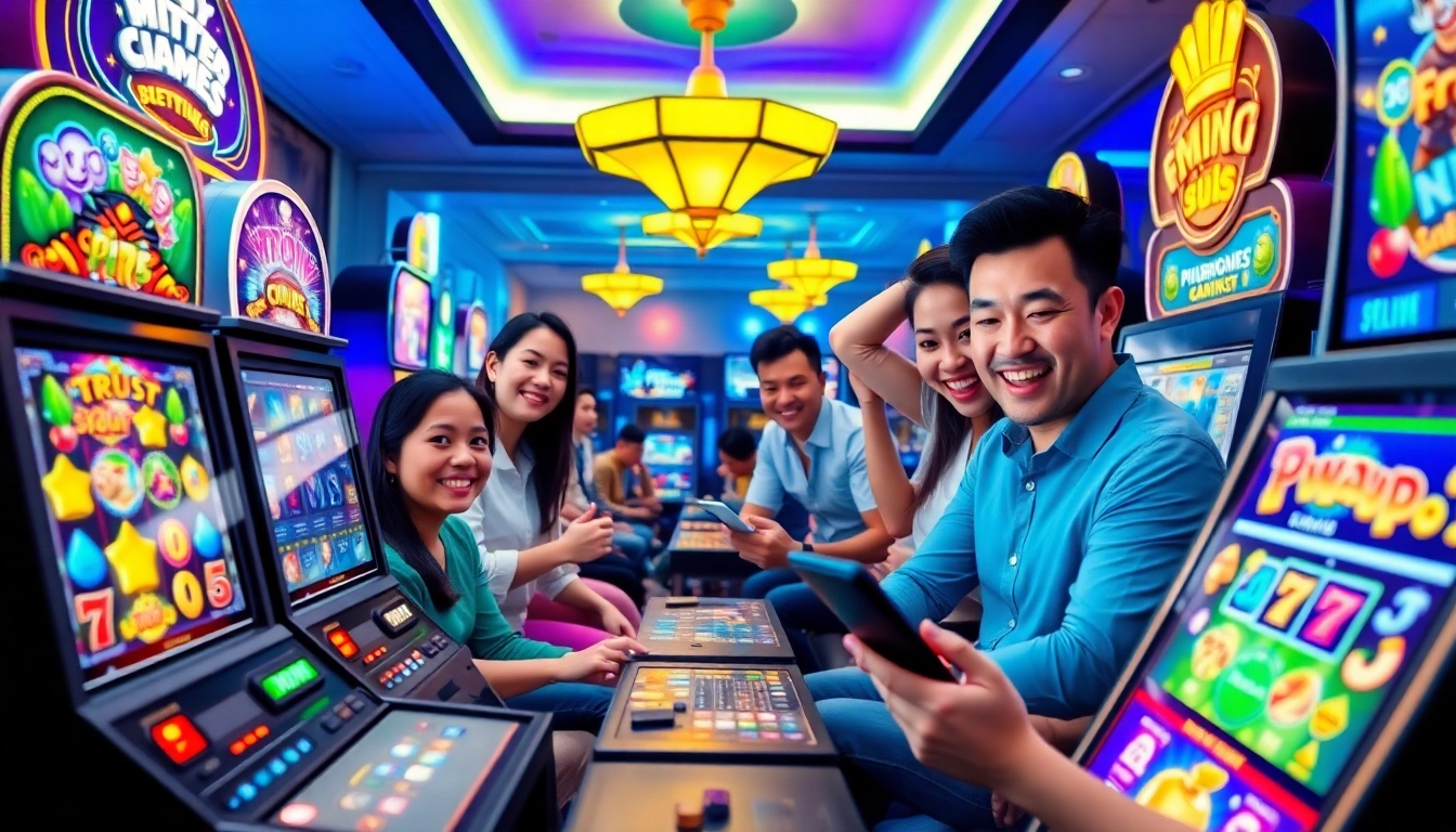 PHTAYA online gaming experience showcasing diverse slot games and excited players engaging on their devices.