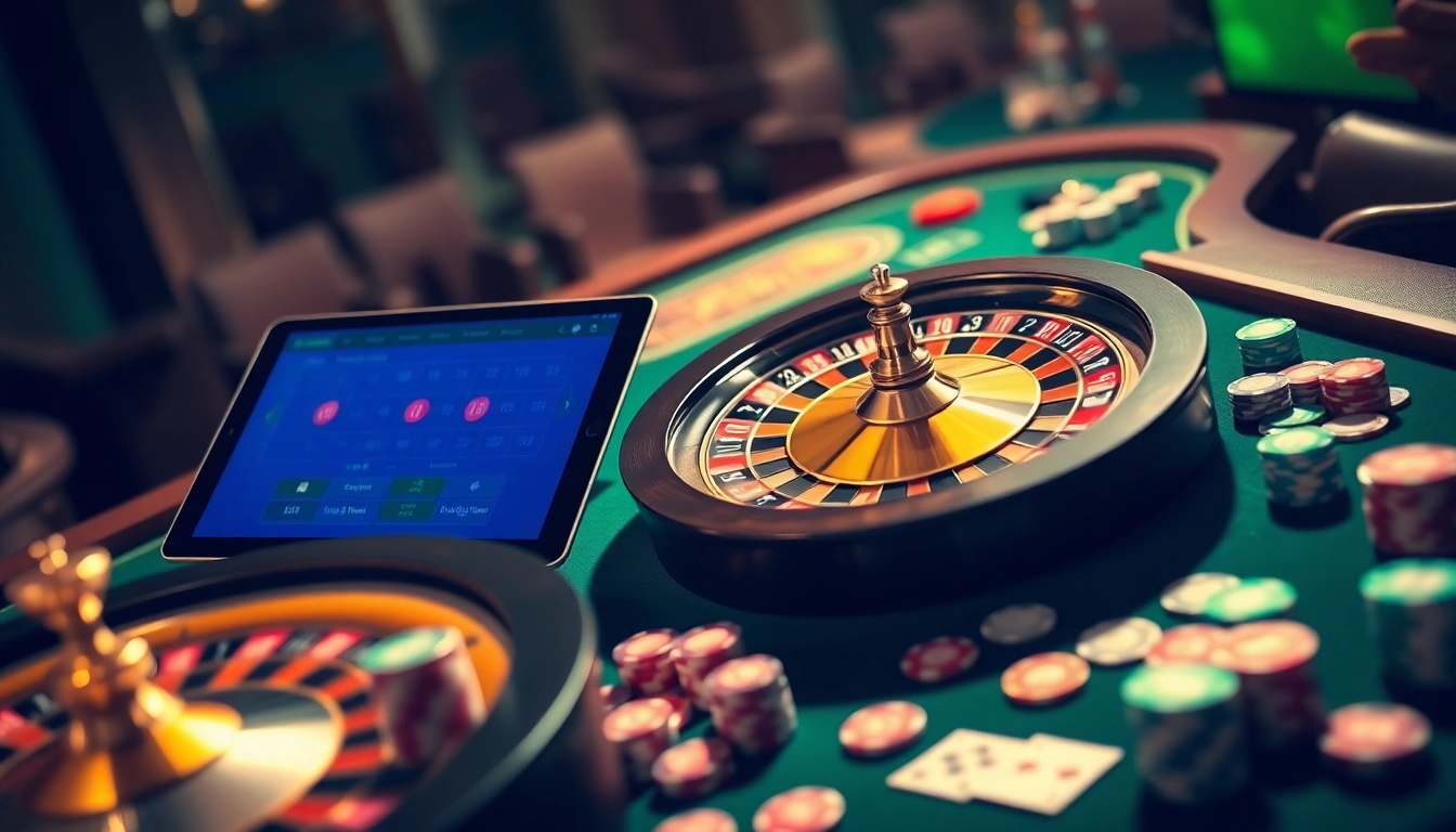 S8 casino action with vibrant poker chips and roulette wheel in a luxurious gaming environment.