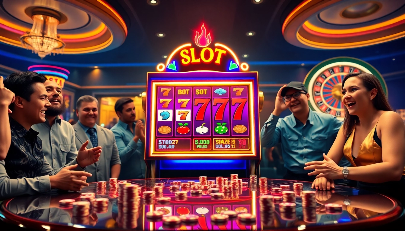 Players celebrating near the Slot777 machine, showcasing excitement in a vibrant casino atmosphere.