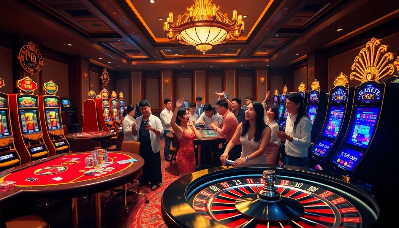 Engaging scene depicting NHÀ CÁI SC88 with vibrant casino tables, players, and excitement.