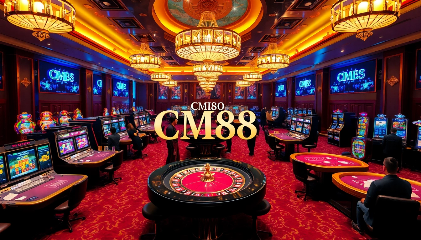 Experience the thrill of gaming at a luxurious casino featuring CM88 branding throughout.