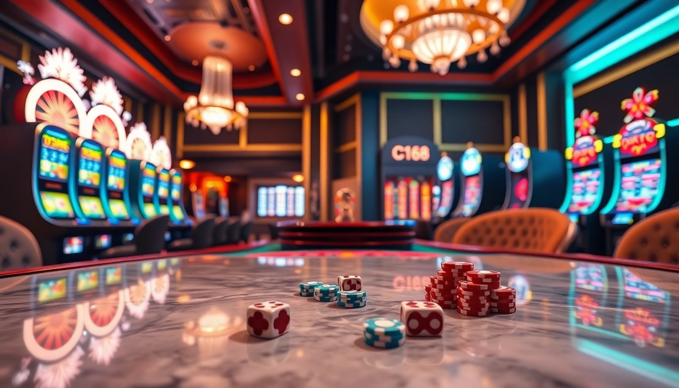 C168 online casino showcasing vibrant slot machines and luxurious poker tables, inviting players.