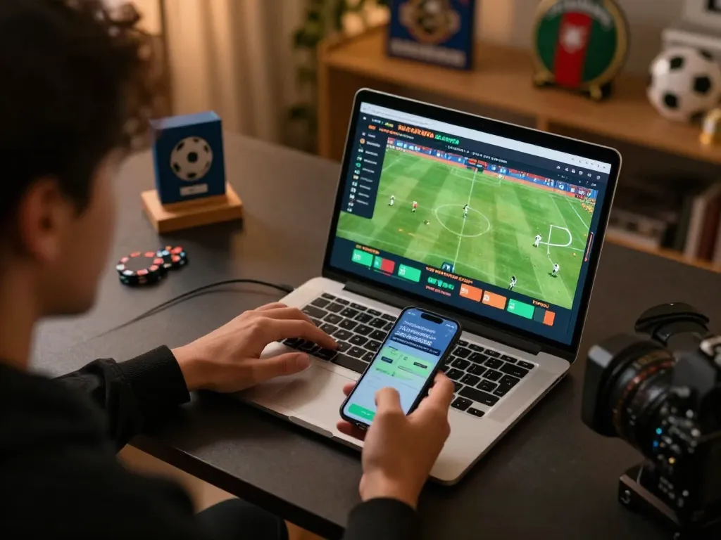 Placing bets on sports at https://789win2.us.com/ with laptop and smartphone in a cozy setting