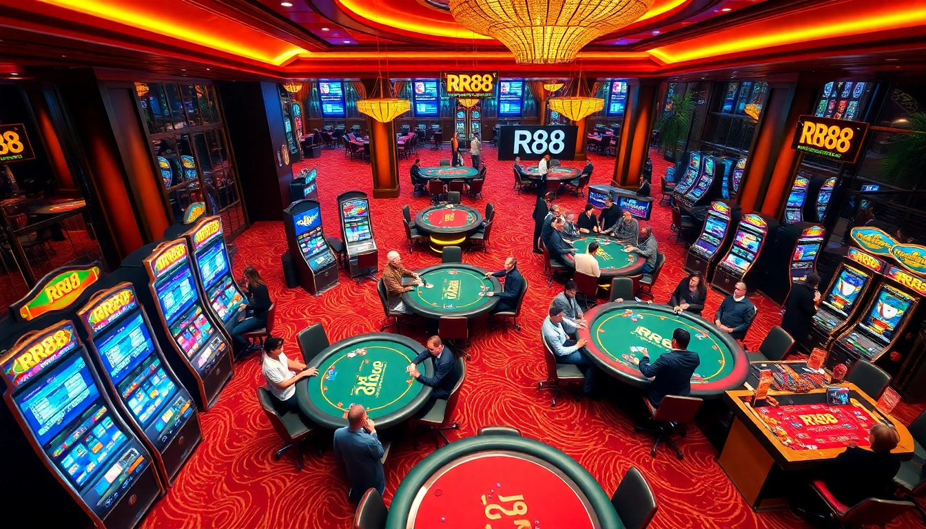 Excited players enjoying the RR88 casino experience with vibrant slot machines and poker tables.