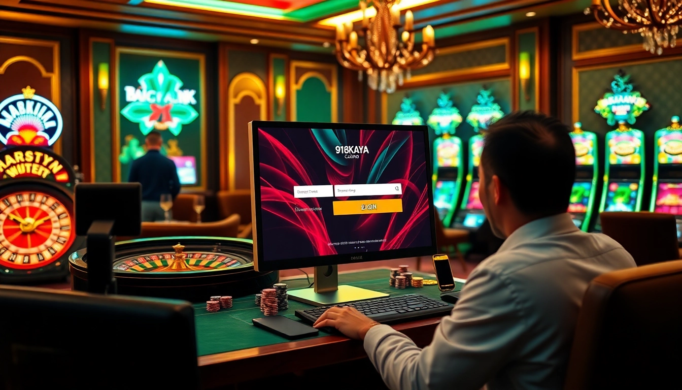Engage with 918kaya Login at a luxurious casino setup featuring vibrant gaming elements.