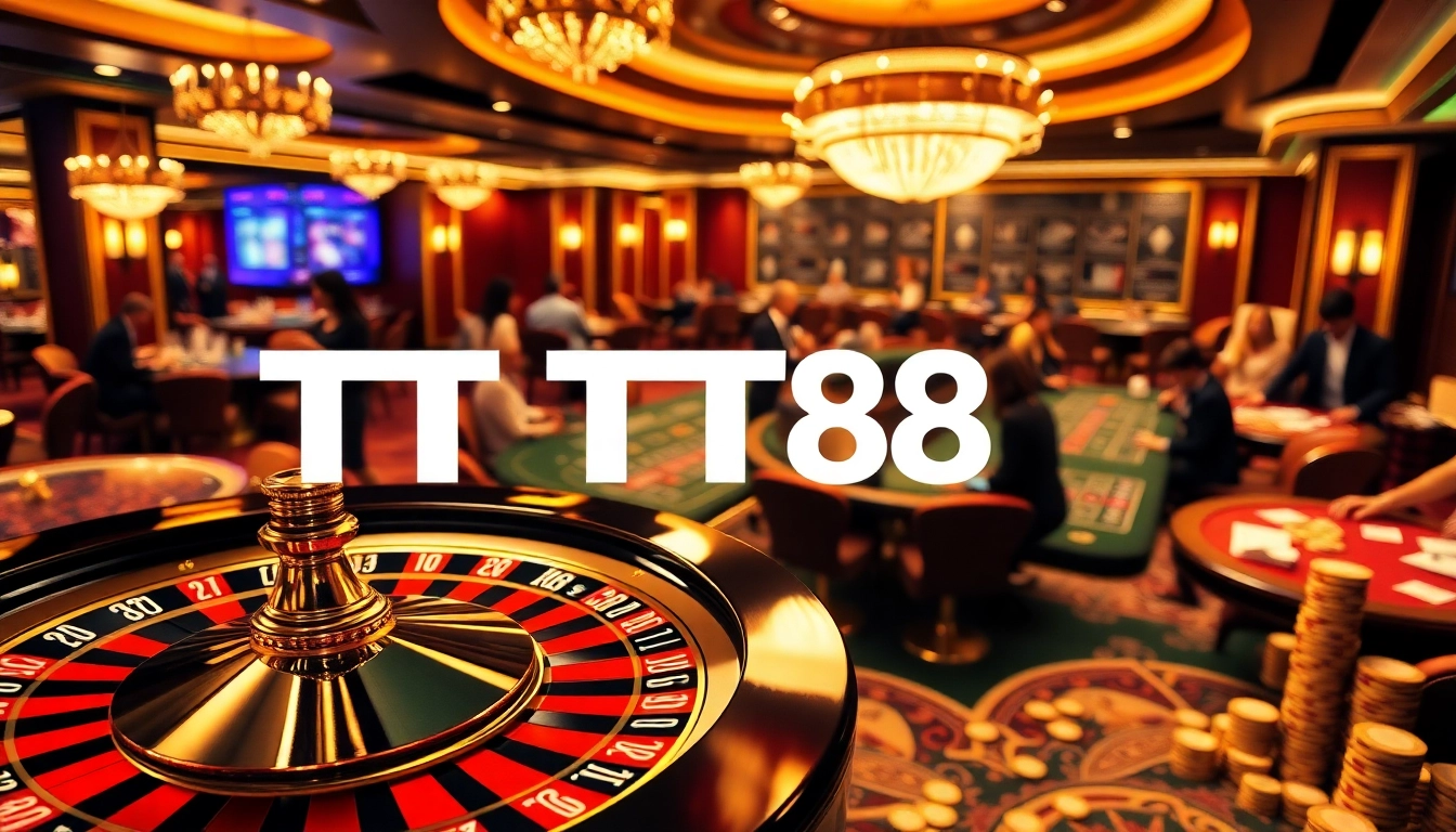 Experience the excitement of TT88 at a luxurious casino with roulette, blackjack, and vibrant players.
