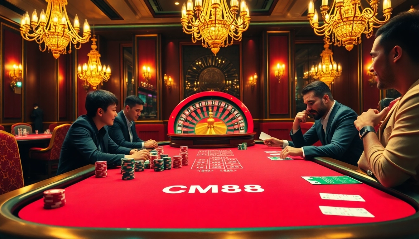 Engage in a thrilling CM88 casino experience at a vibrant poker table surrounded by players.