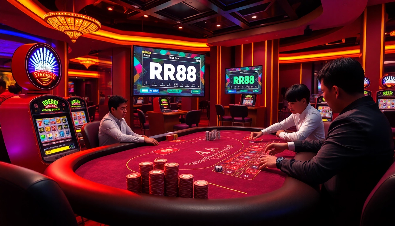 Players enjoying a vibrant gaming session with the rr88 app interface visible in a luxury casino setting.