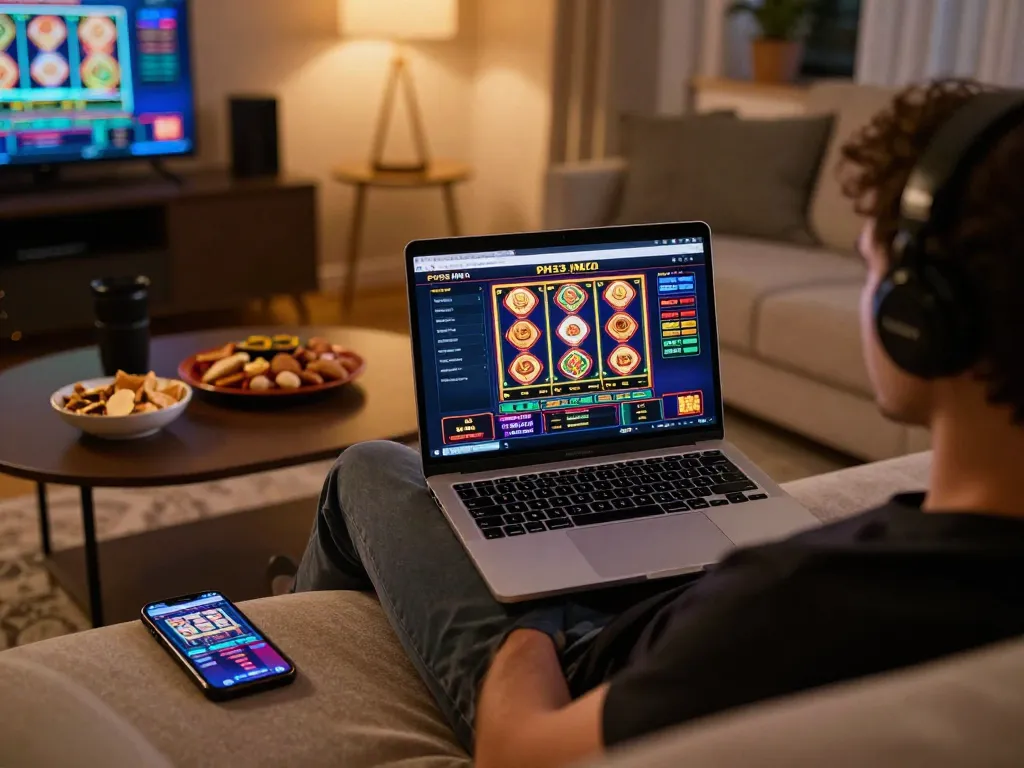 Engaging online gaming scene at https://ph33.info/ featuring a player enjoying slot games on a cozy couch.